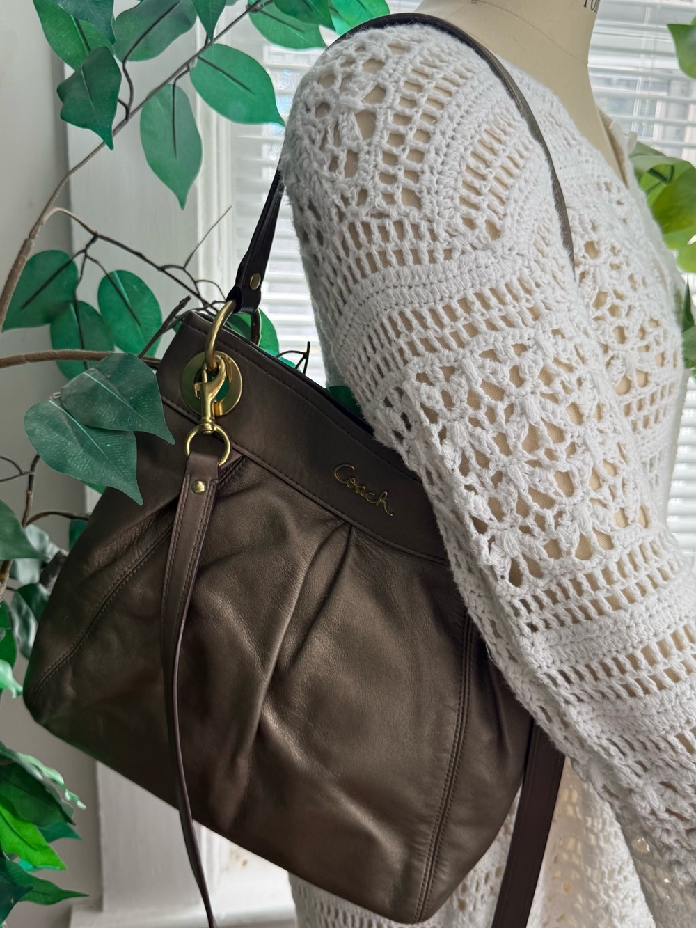 Coach Dark Brown Leather Shoulder Bag with Gold Hardware